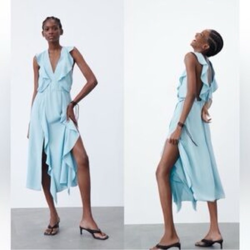 Zara Elegant Blue Slit Ruffle Sleeveless Dress Size Small